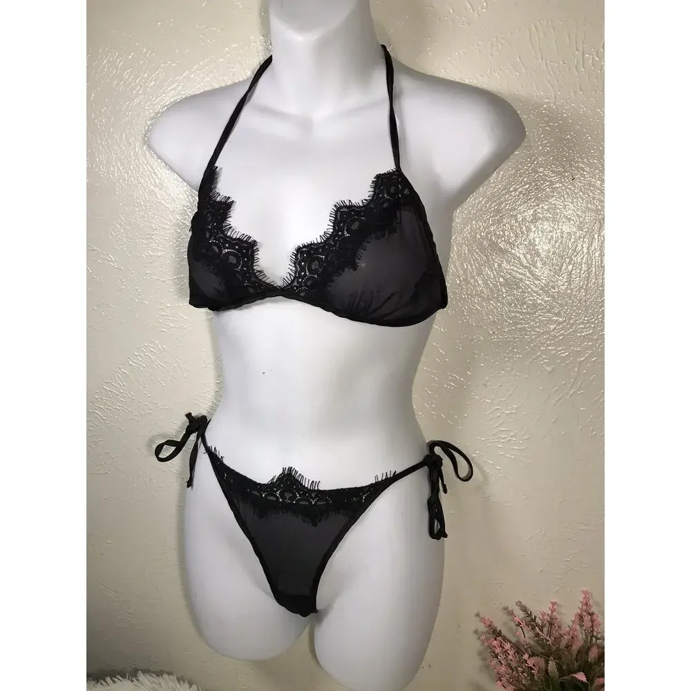 Women Lingerie Sexy Two Piece Eyelash Bra and Panty Strappy Babydoll Strappy S/M